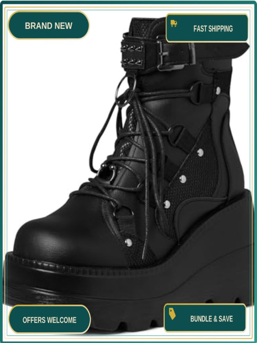 Goth Platform Ankle Boots Womens Wedge Heel Lace Up Vegan PU Leather Chunky